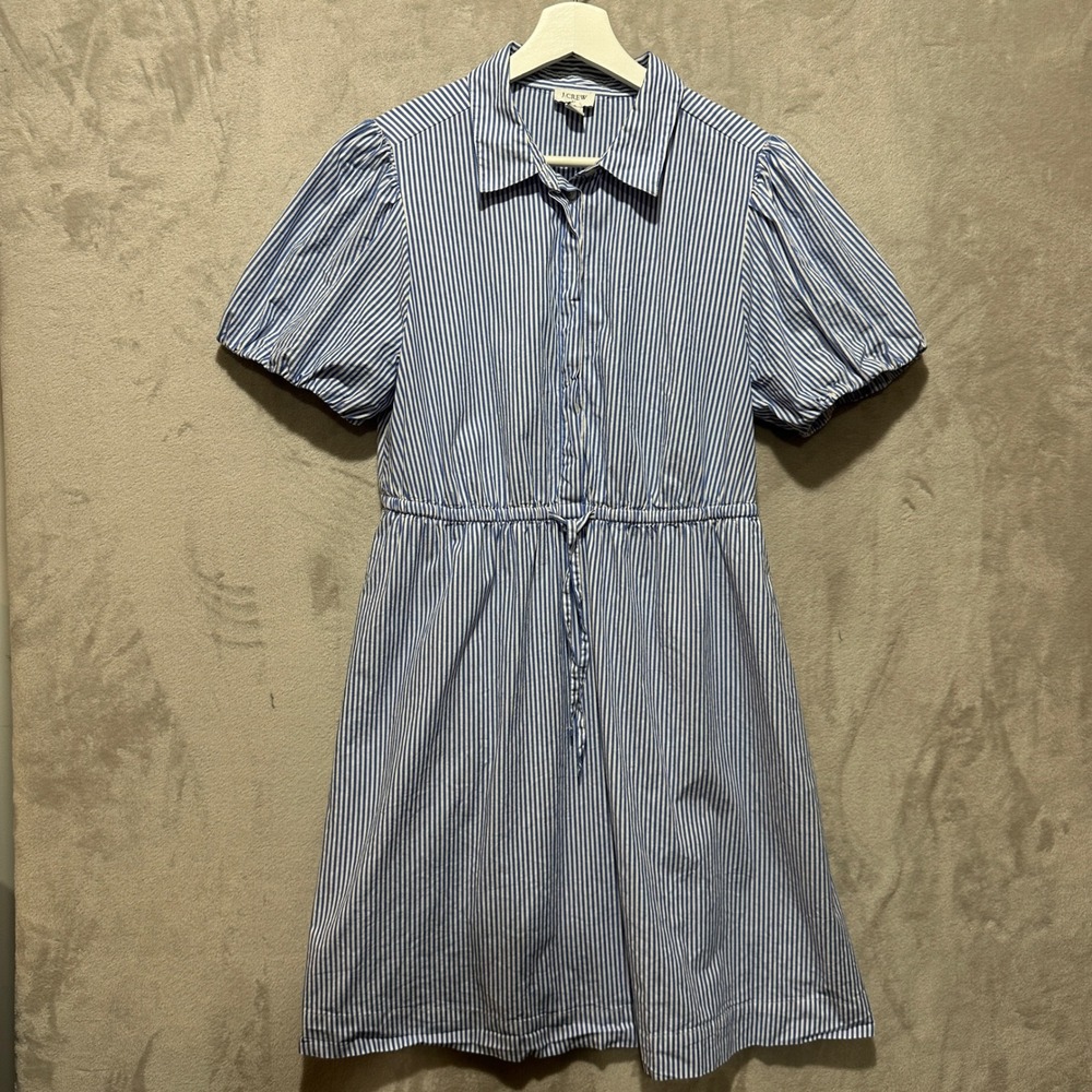 J.Crew Blue White Striped Puff Sleeve Shirt Dress Size 8 Cotton Blend Mini